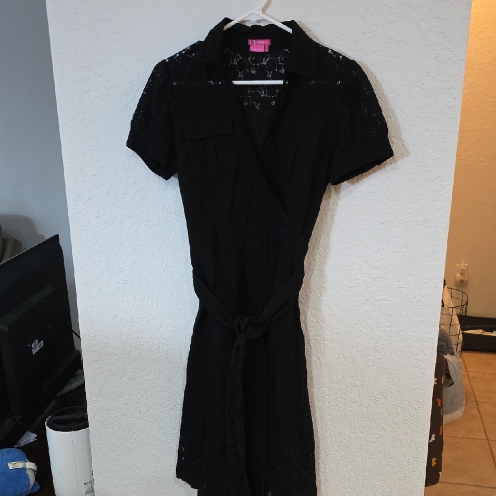 BCBGirls Black Lace Short-Sleeve Wrap Dress with Tie